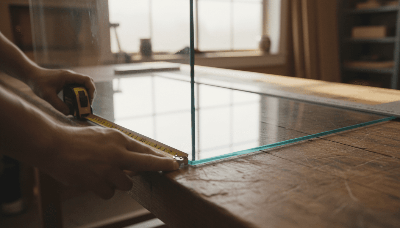 Professional glazier measuring glass for custom shower door installation