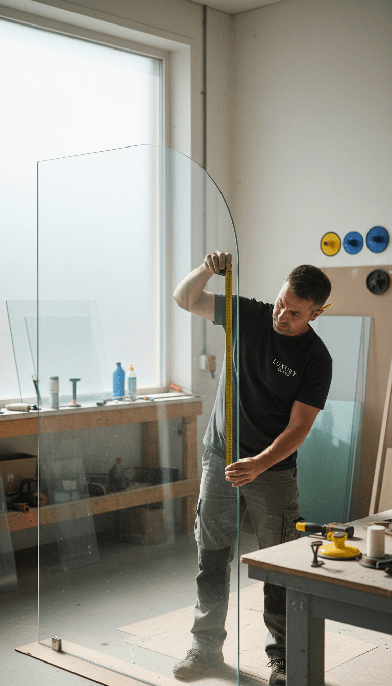 Glazier measuring glass panel with tape measure in a bright workshop