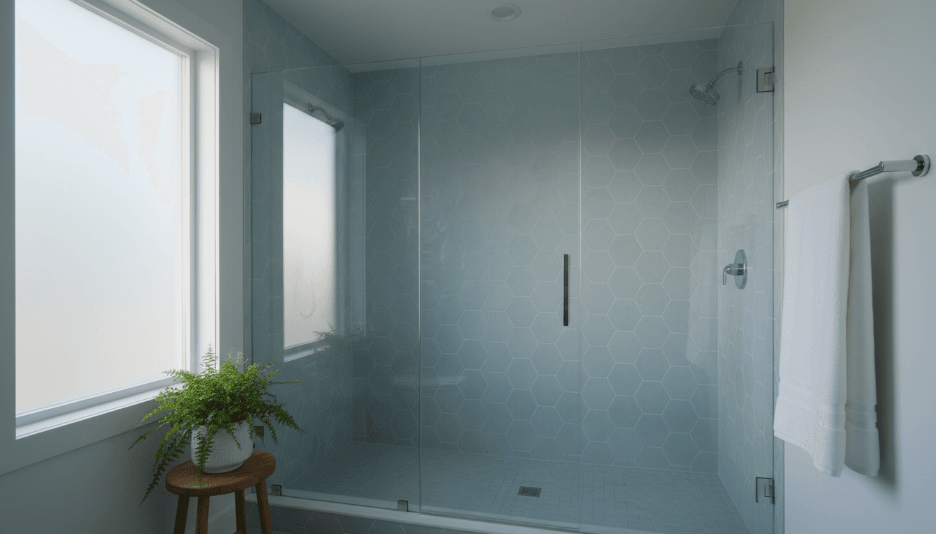Finished frameless glass shower enclosure in a modern bathroom