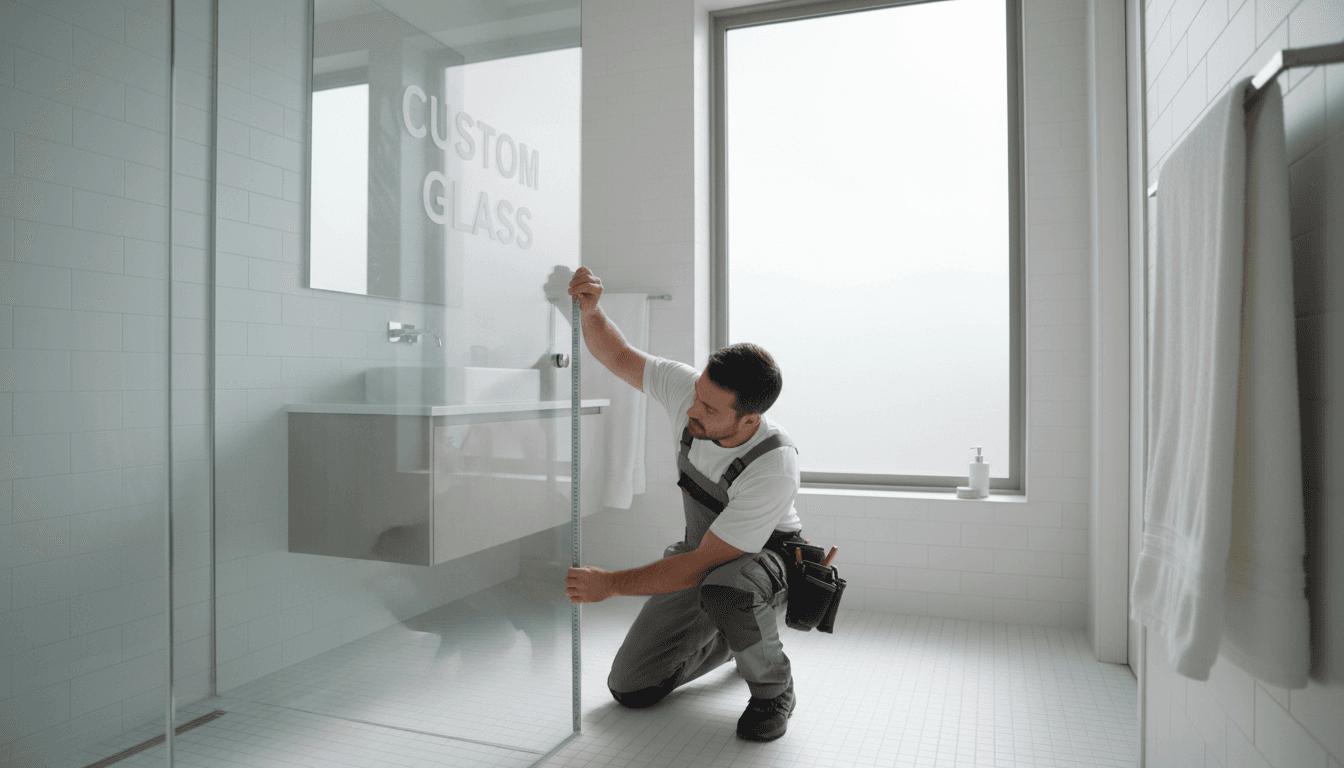 Glazier measuring glass for custom installation with tape measure