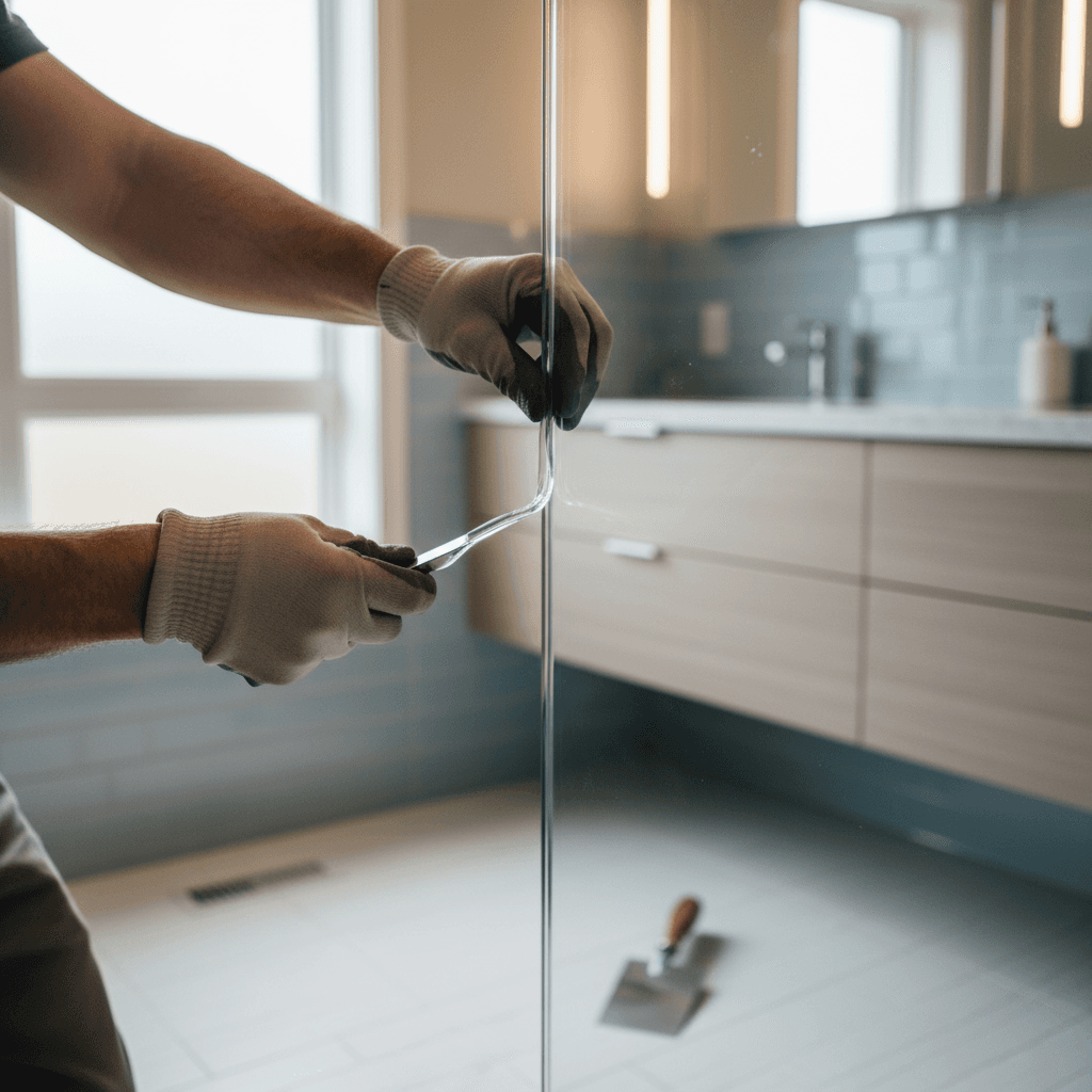 Hand installing a glass shower panel with precision seam work
