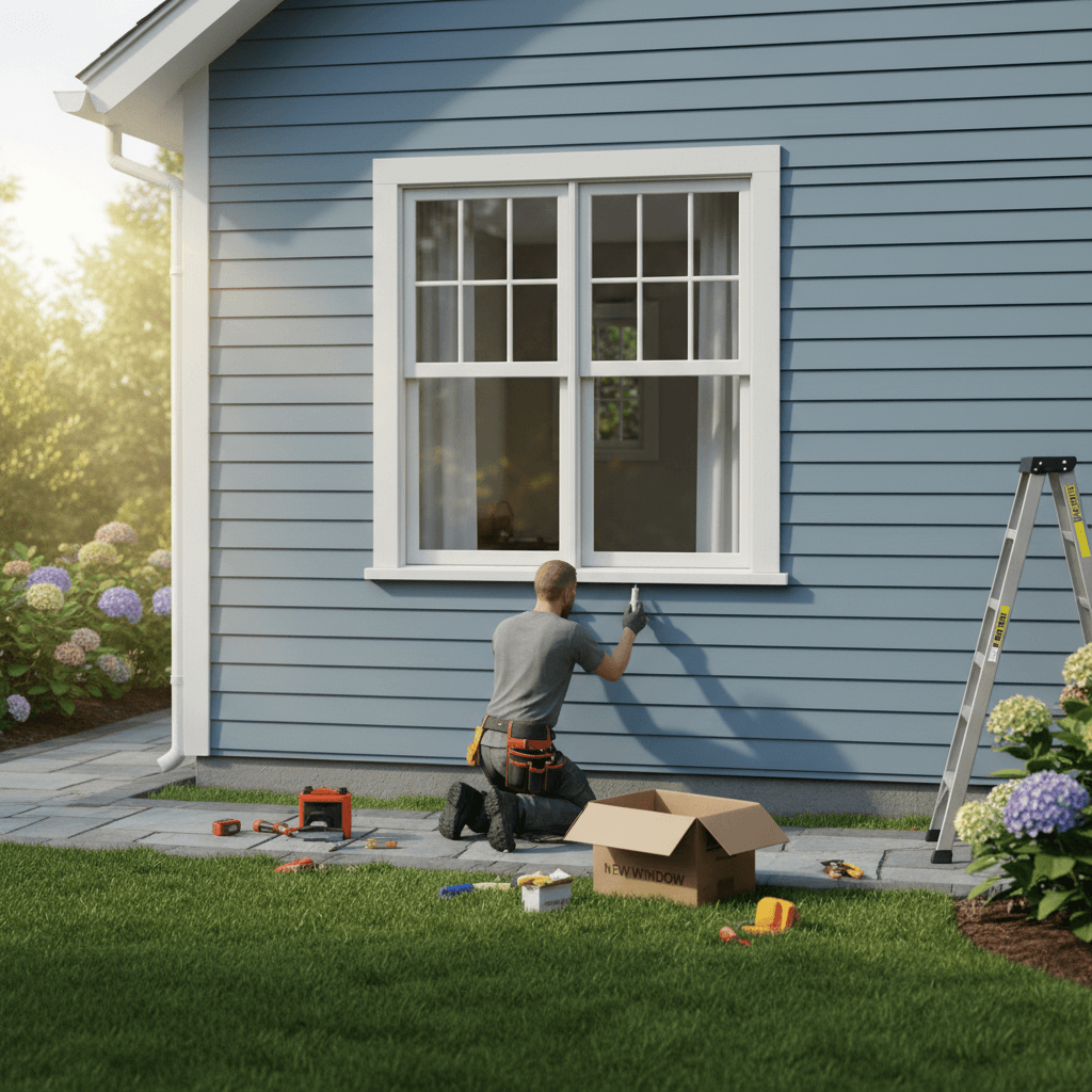 Window replacement on house exterior