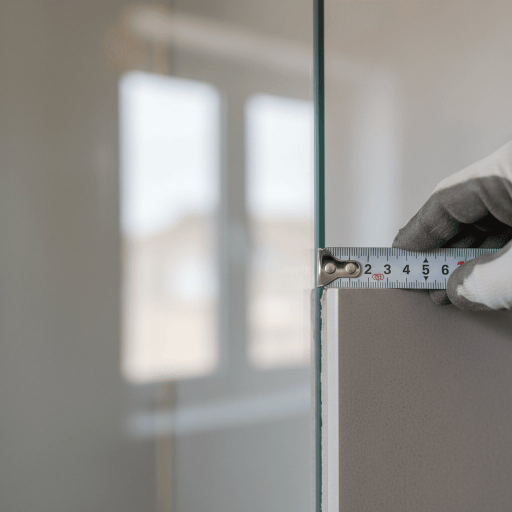 Glazier measuring a shower opening with a tape measure