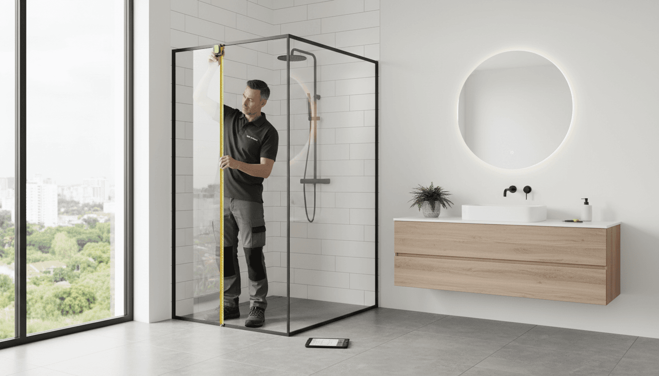 Hand measuring a glass shower door frame in a clean bathroom