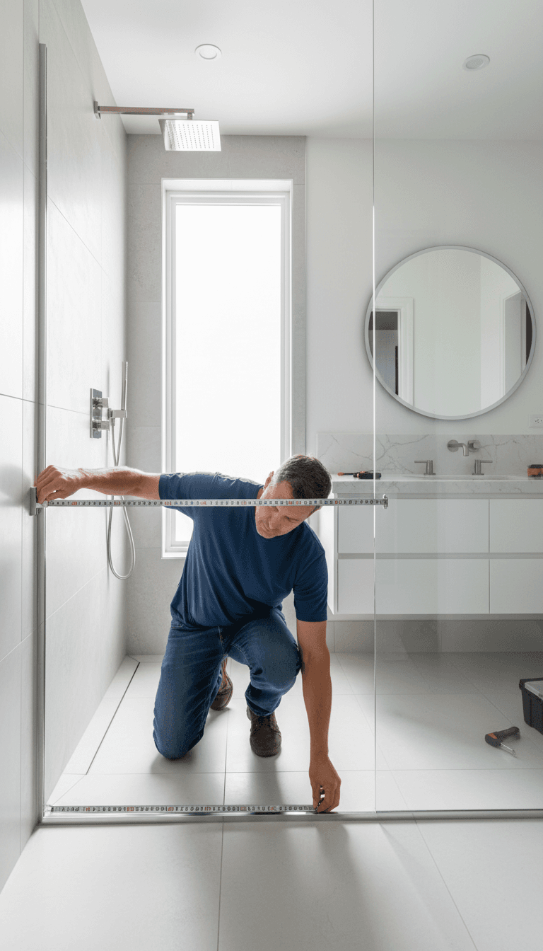 Close-up of a glazier measuring a frameless glass shower panel by hand