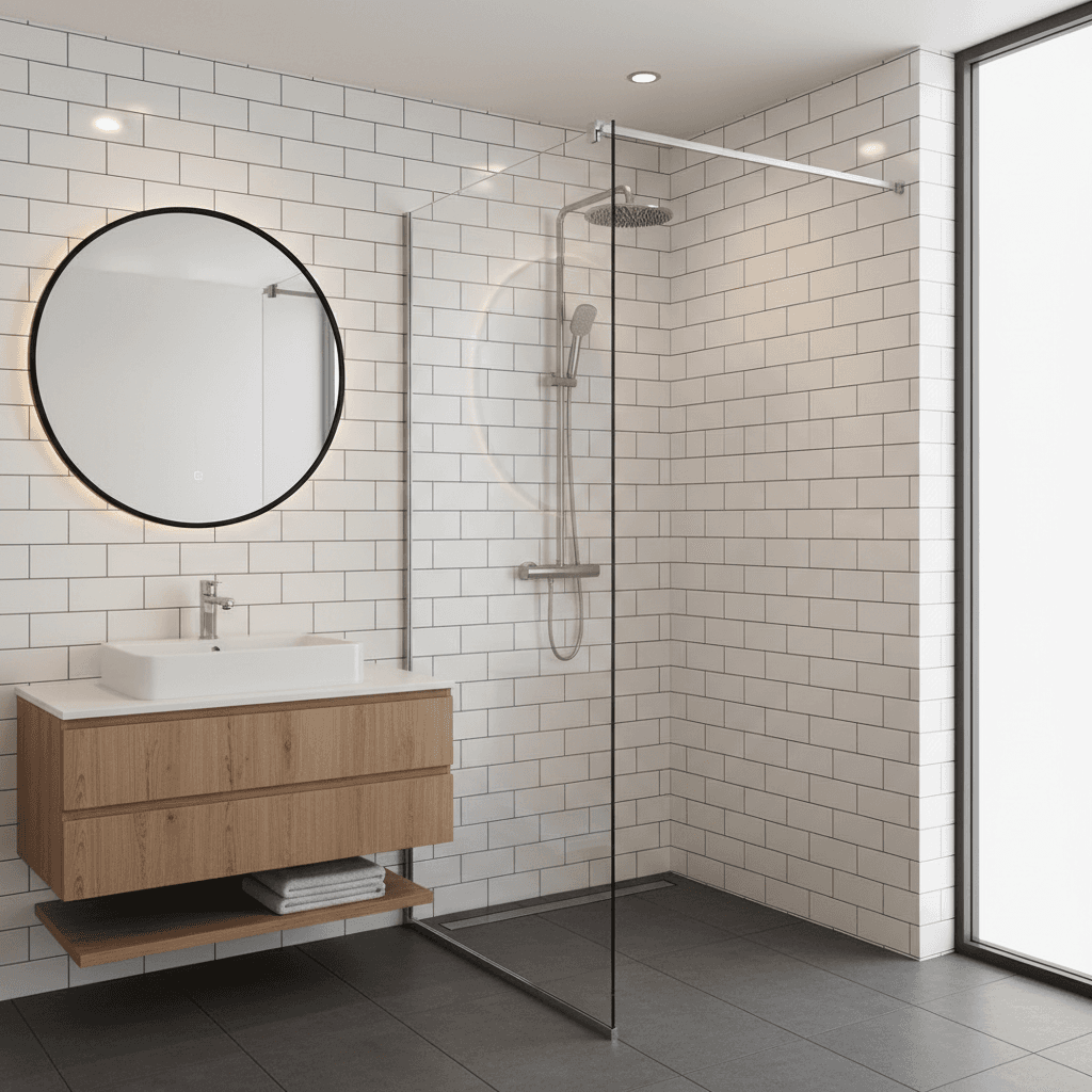 Frameless shower door in bright bathroom