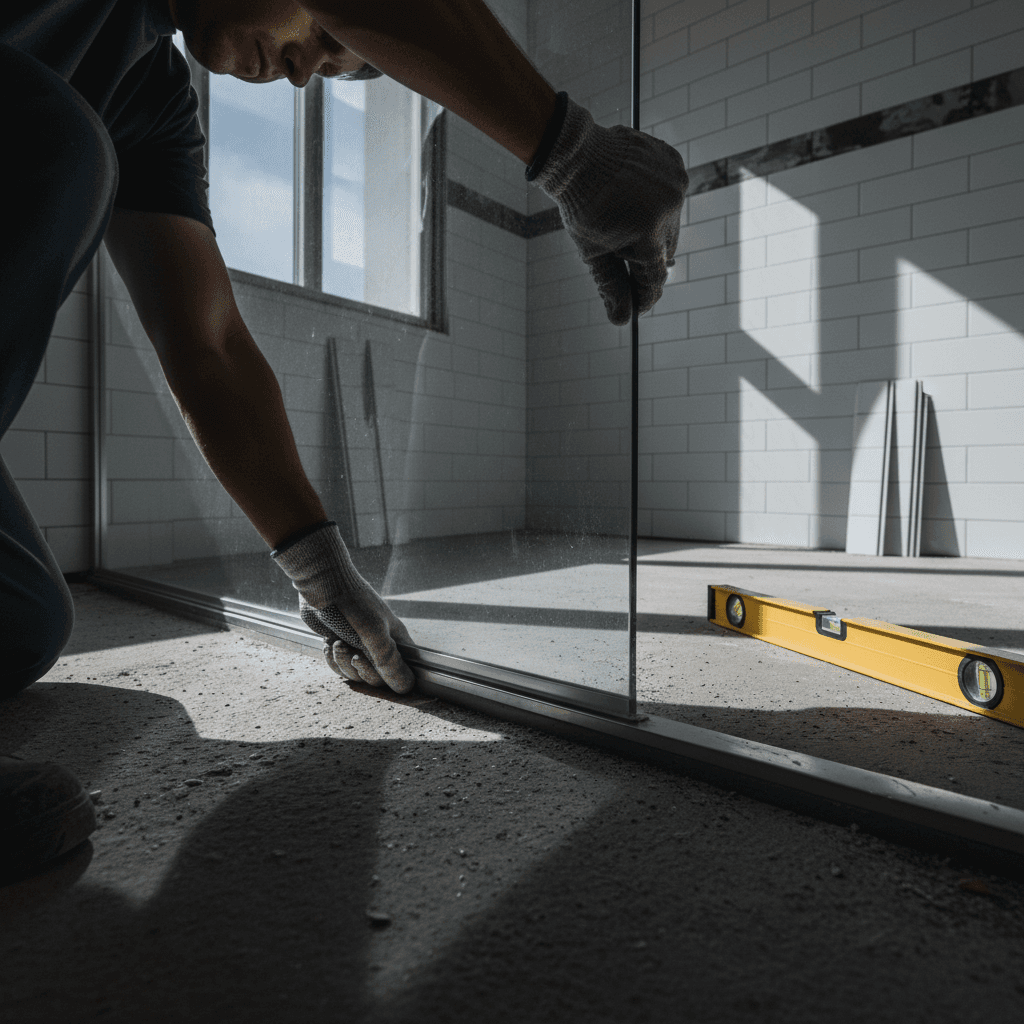 Glazier installing a glass shower panel