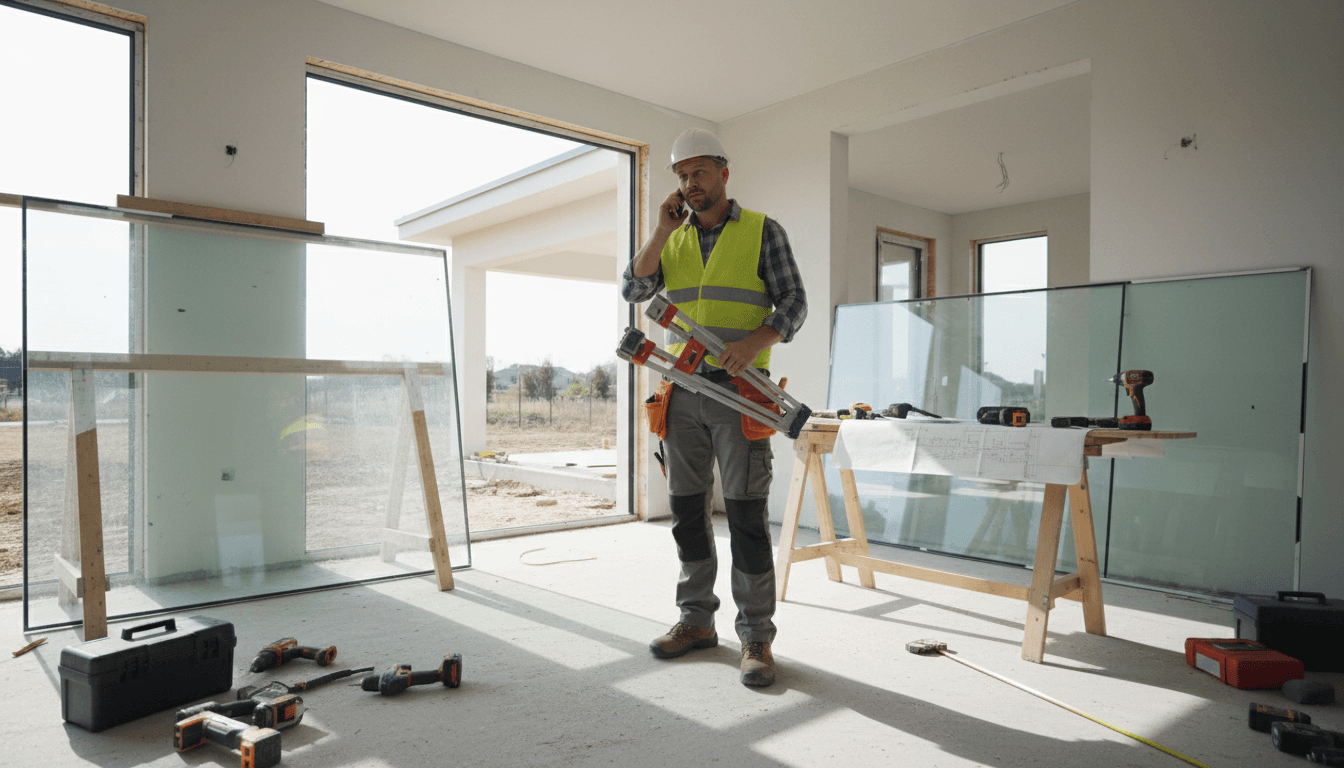 Glass installer holding phone on a residential job site