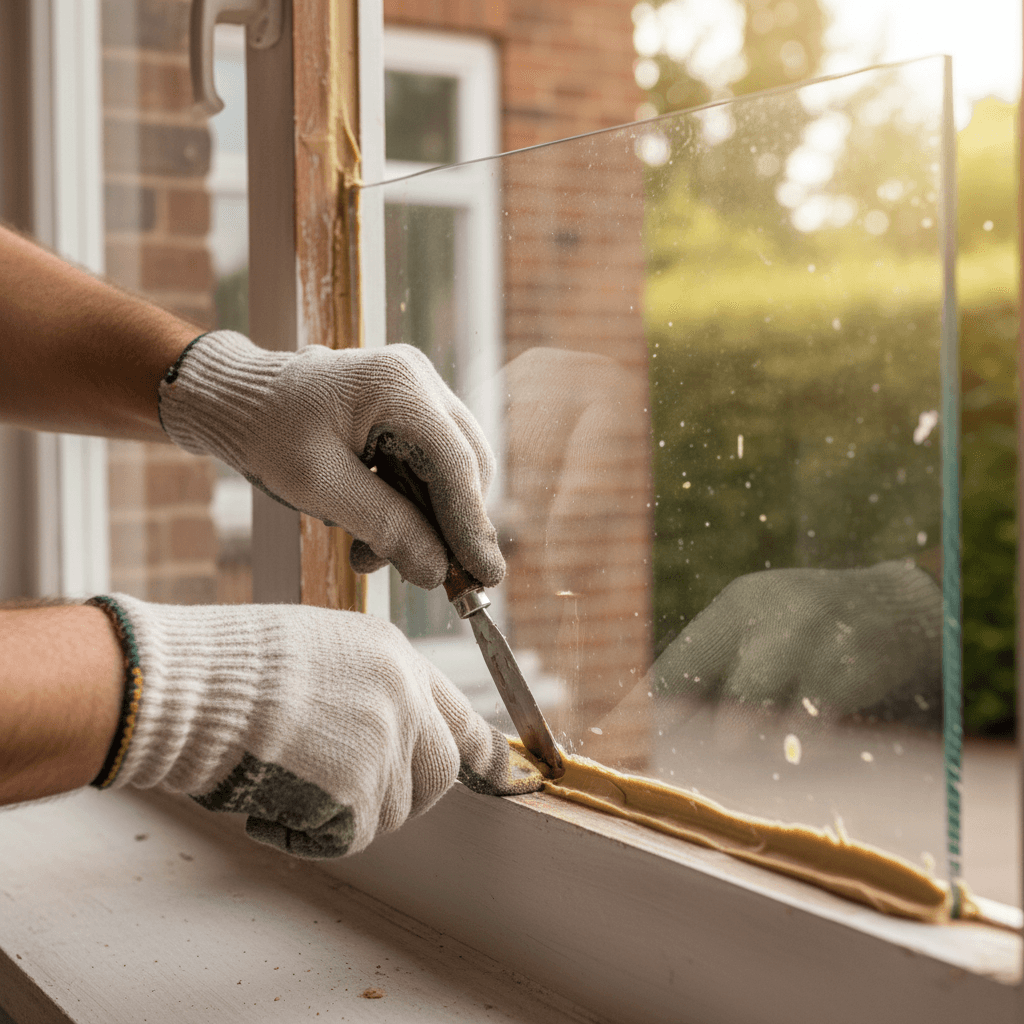 Close-up of a glazier applying silicone sealant to a new window installation
