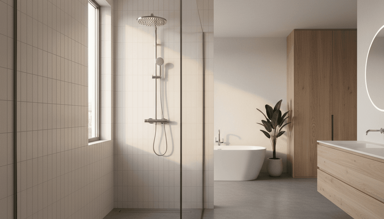 Custom frameless shower enclosure with sliding door and clear glass panels