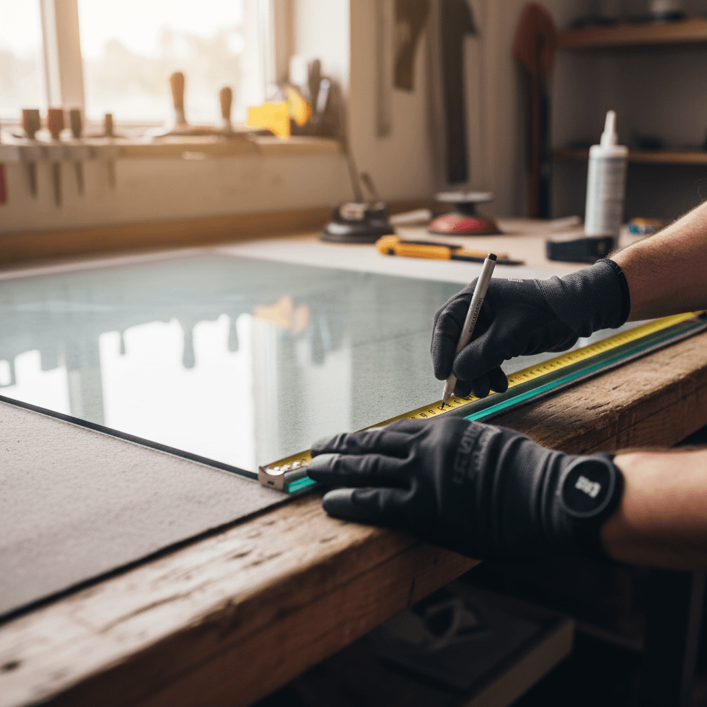Glazier carrying a large glass panel in a workshop with natural morning light