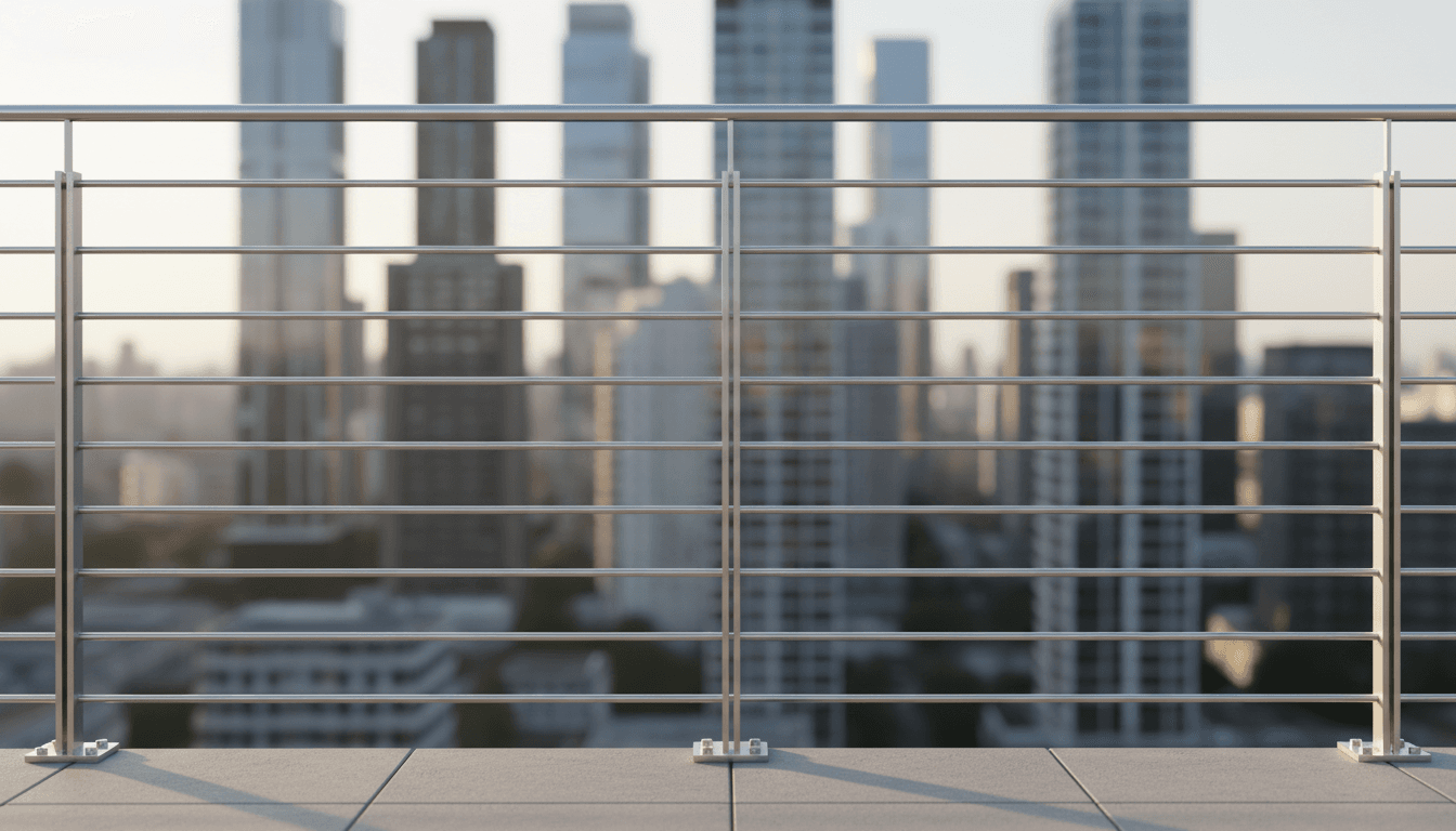 Modern glass balcony railing with a view of Seattle treetops and water
