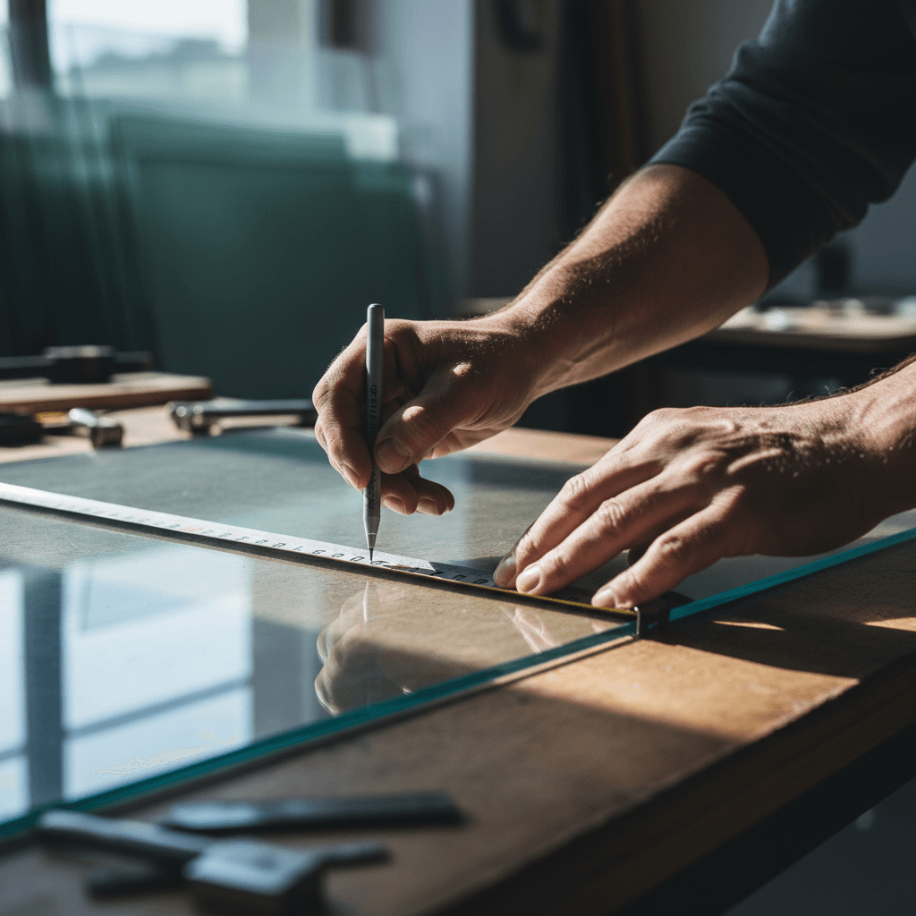 Glazier hands measuring a glass panel with a tape measure on a workbench