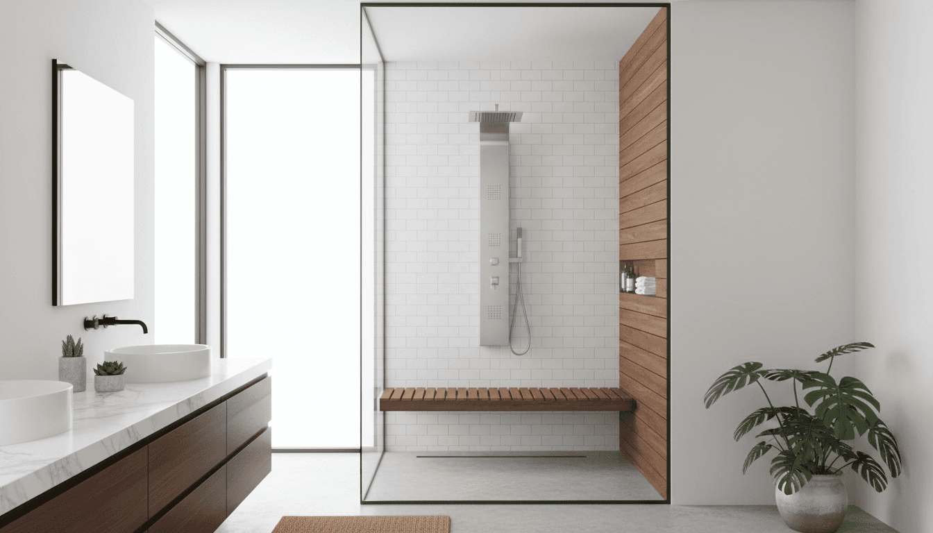 Completed frameless glass shower enclosure in a bright modern bathroom