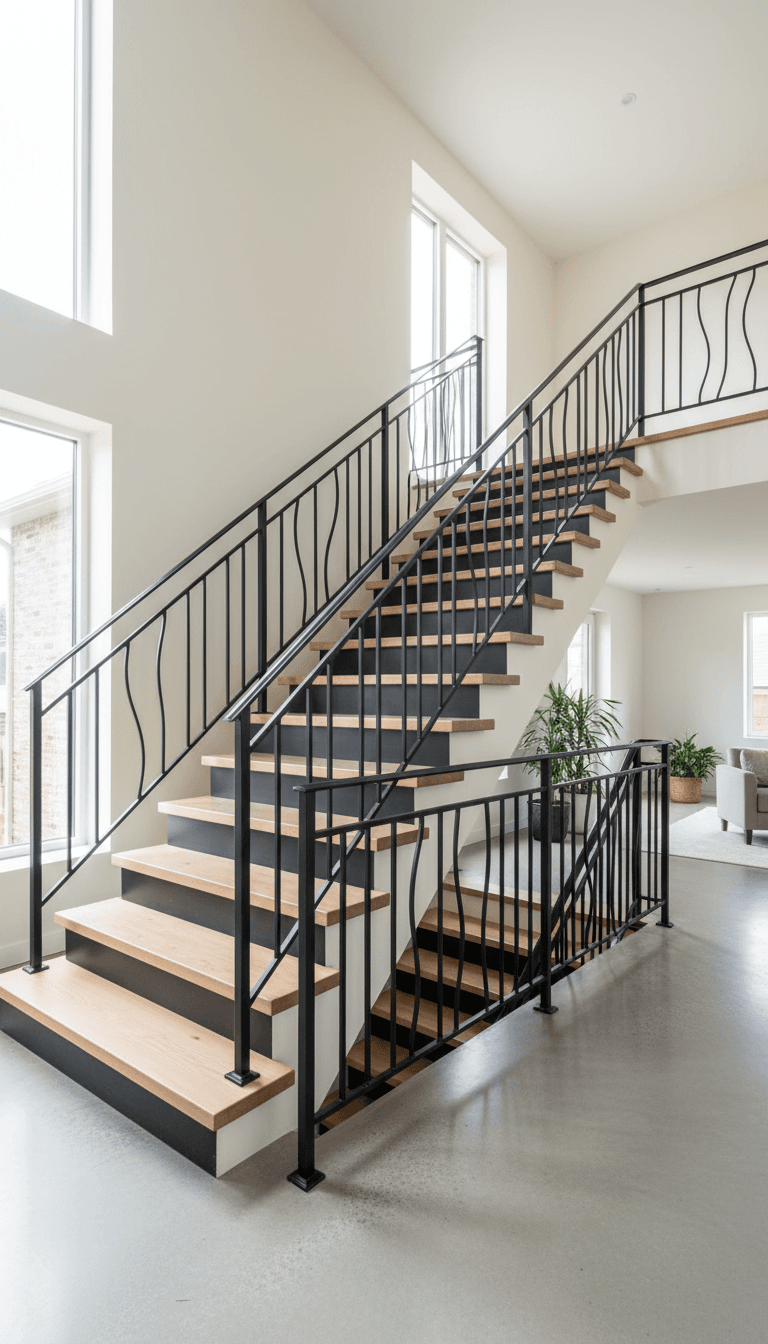 Glass railing system on a staircase with stainless steel standoffs and clear glass panels