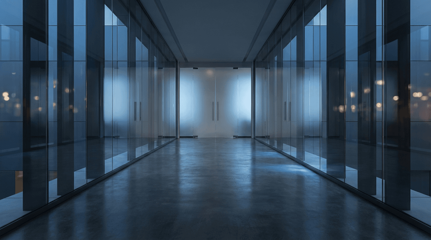 Floor-to-ceiling glass wall partition in a modern office with minimal framing
