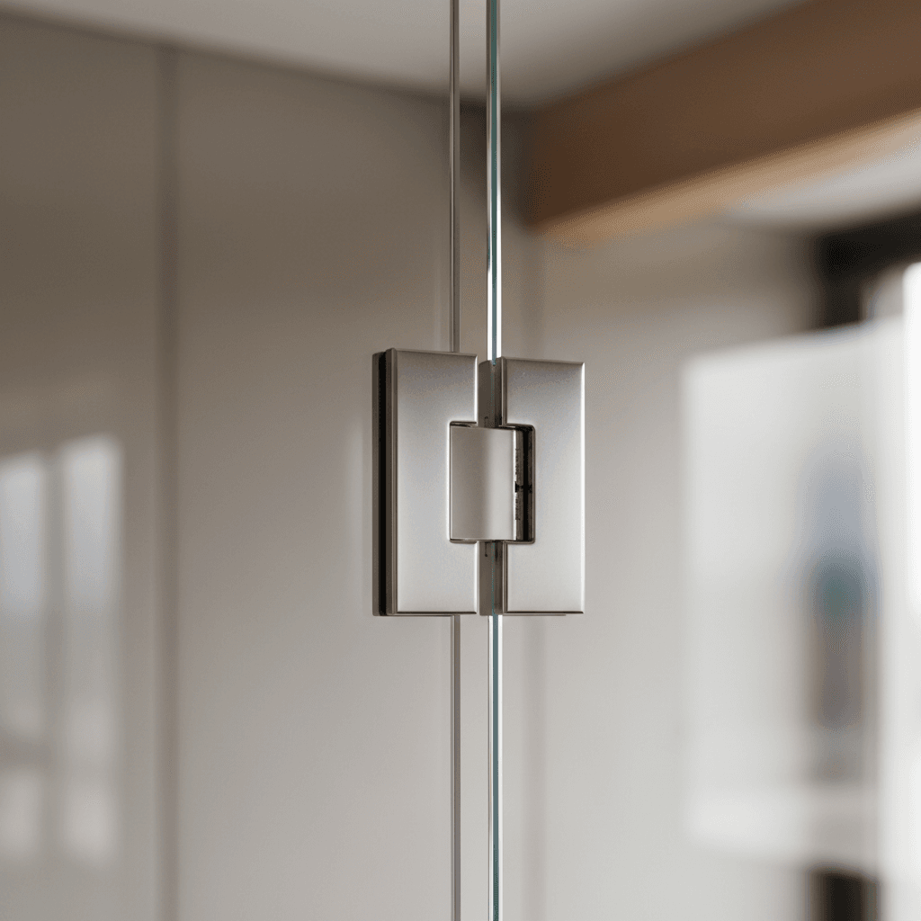 Close-up of shower door hinge and polished glass panel edge