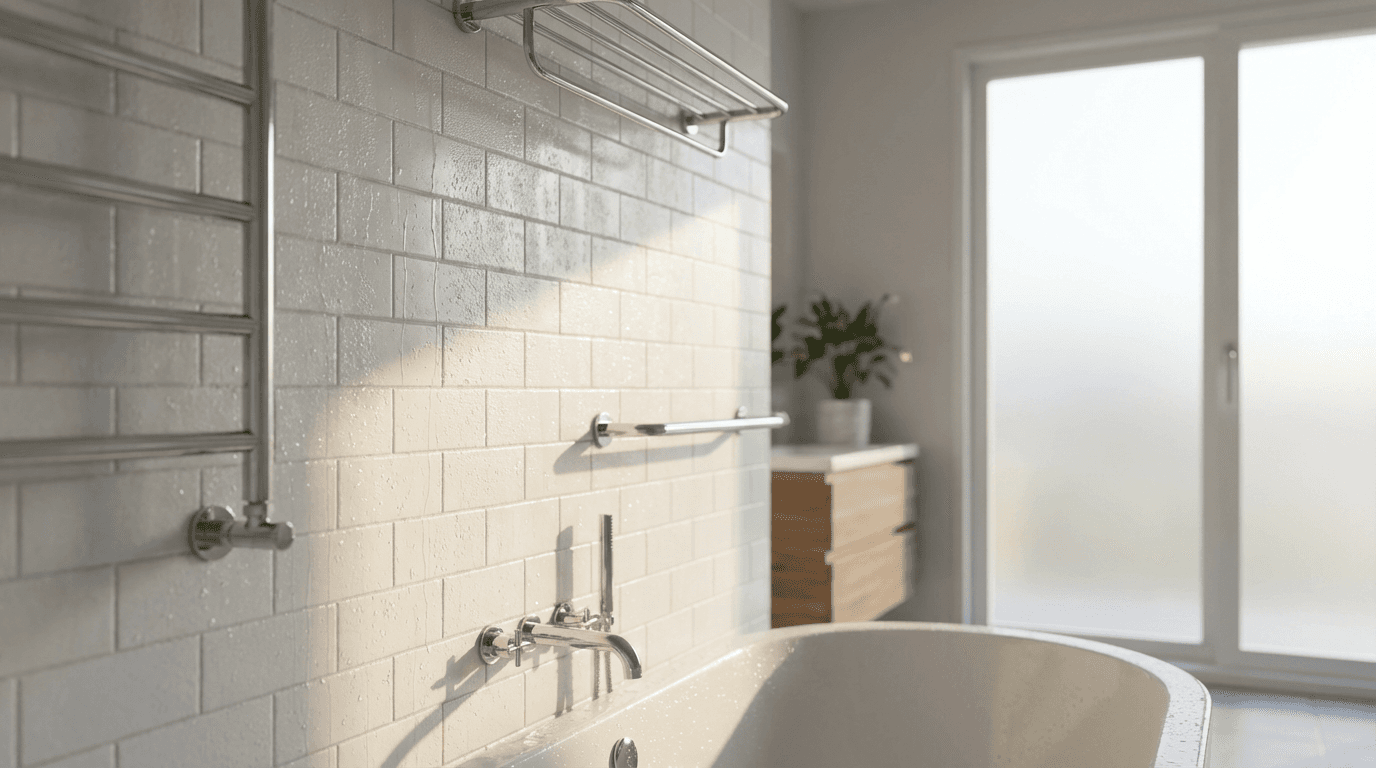 Frameless glass shower door installed in a modern bathroom with clean silicone seams and chrome hardware