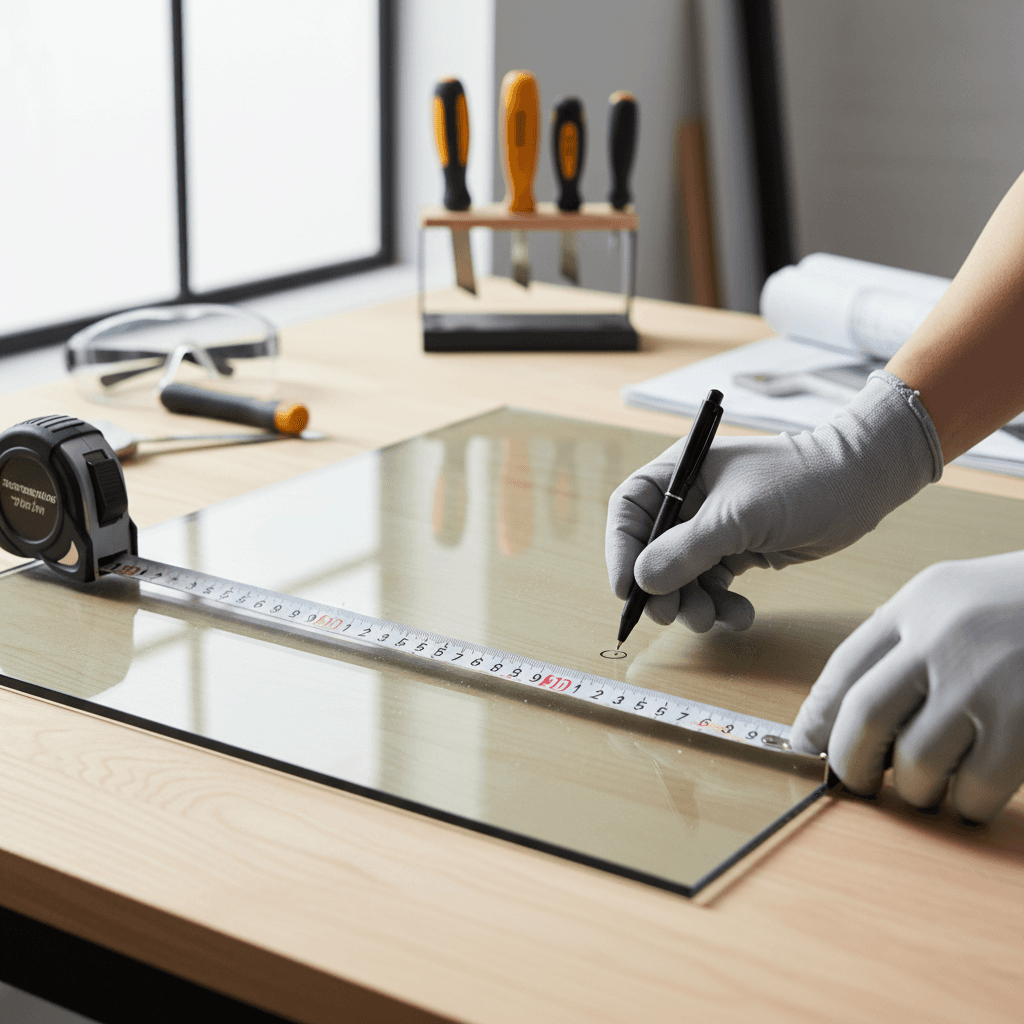 Hand measuring a frameless glass shower door panel with a tape measure