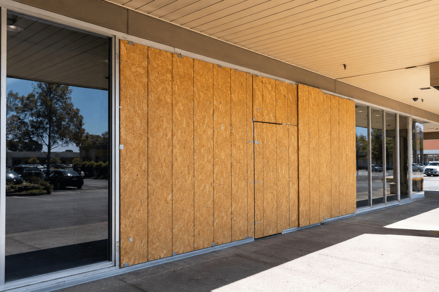 Storefront windows boarded up with plywood panels, reflecting a parking lot and trees outside.